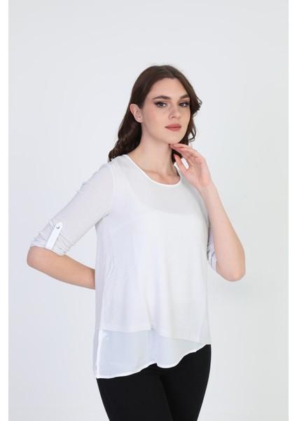 Kadın Asimetrik Tül Detaylı Bluz 042 Ekru