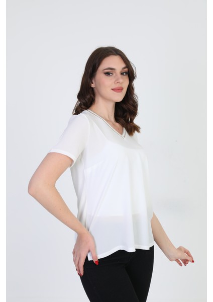 Kadın Yaka Işlemeli Bluz 9E013 Ekru modelleri