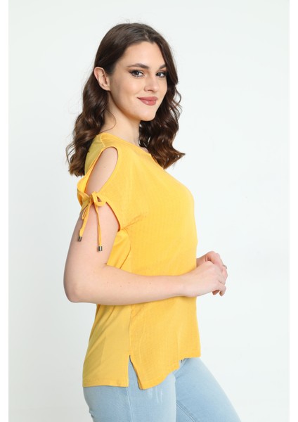Kadın Yaka ve Kol Detaylı Desenli Bluz 19E008 Sarı