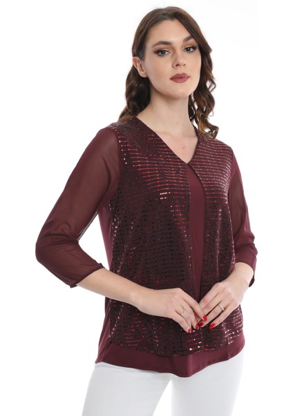 Kadın Kolları Tül Detaylı Bluz 19E040 Bordo fiyatları