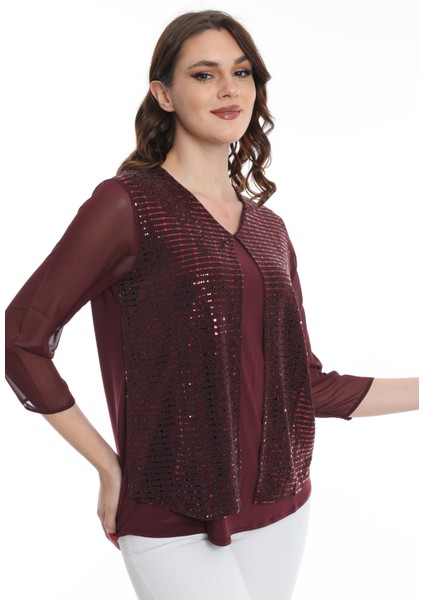 Kadın Kolları Tül Detaylı Bluz 19E040 Bordo modelleri