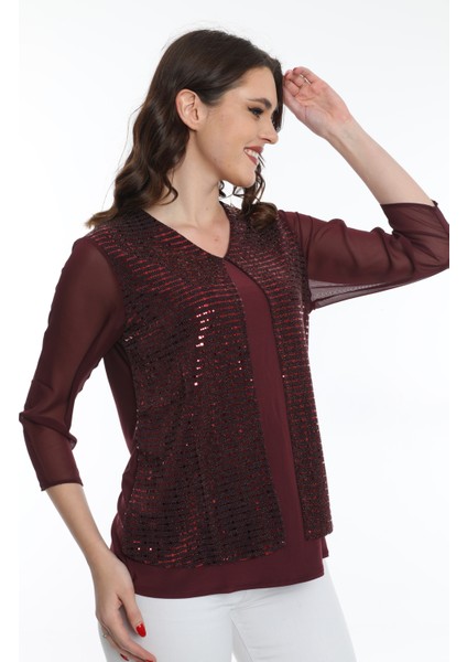 Kadın Kolları Tül Detaylı Bluz 19E040 Bordo fırsatları
