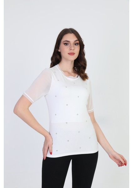 Kadın Taş Detaylı Bluz 19E056 Ekru