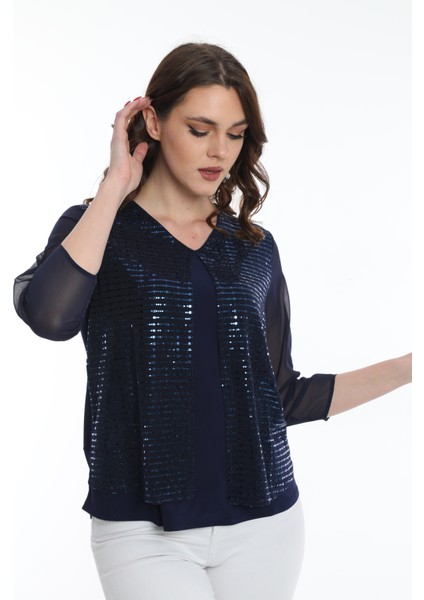 Kadın Kolları Tül Detaylı Bluz 19E040 Lacivert fiyatları