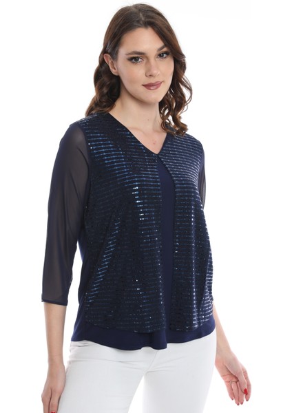 Kadın Kolları Tül Detaylı Bluz 19E040 Lacivert fırsatları