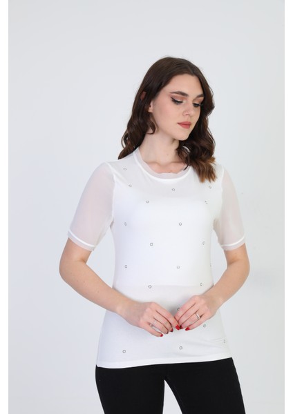 Kadın Taş Detaylı Bluz 19E056 Ekru modelleri