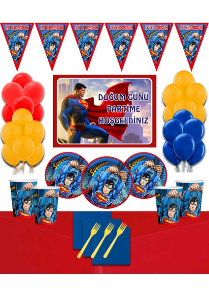 Superman Süpermen Afişli 16 Kişilik Doğum Günü Parti Süsleri Malzemeleri Seti