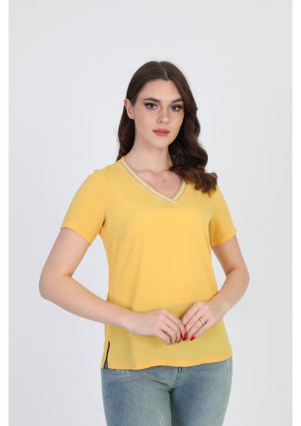 Kadın Yaka Işlemeli Bluz 9E013 Sarı modelleri