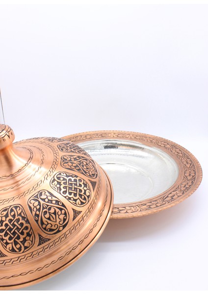 El Işlemeli Kapaklı Bakır Tabak Sahan Büyük Boy Antik Bakır Renk