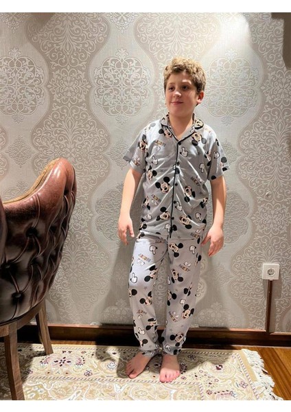 Erkek Çocuk Mickey Mouse Düğmeli Kısa Kollu %100 Pamuk Pijama Takımı