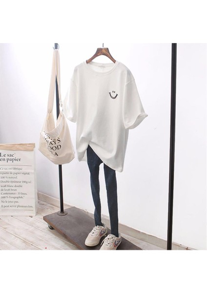 Smile Baskılı Beyaz Oversize T-Shirt