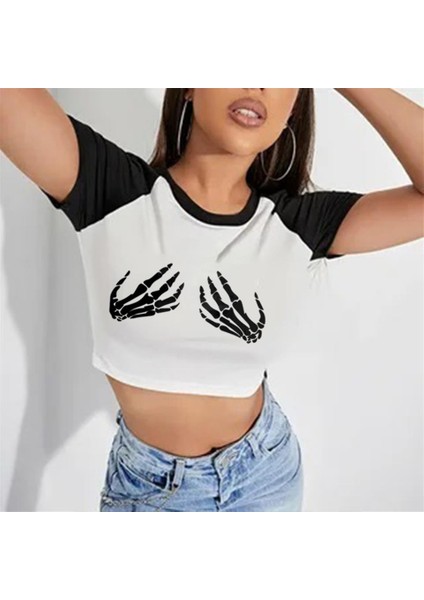 Skeleton Hands Baskılı Reglan Kol Beyaz Crop