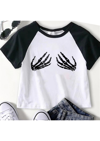Skeleton Hands Baskılı Reglan Kol Beyaz Crop