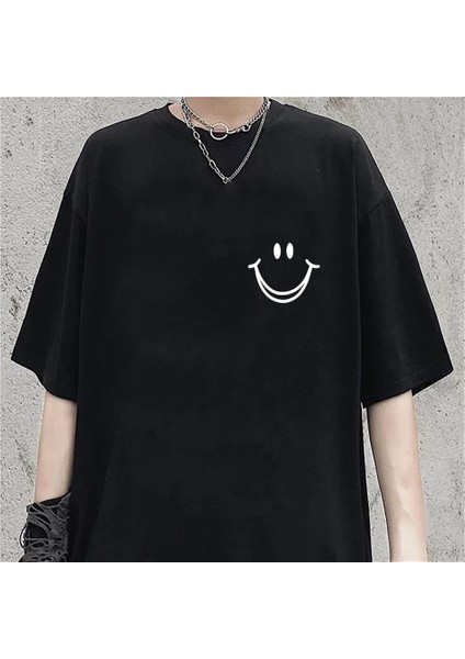 Smile Baskılı Siyah Oversize T-Shirt
