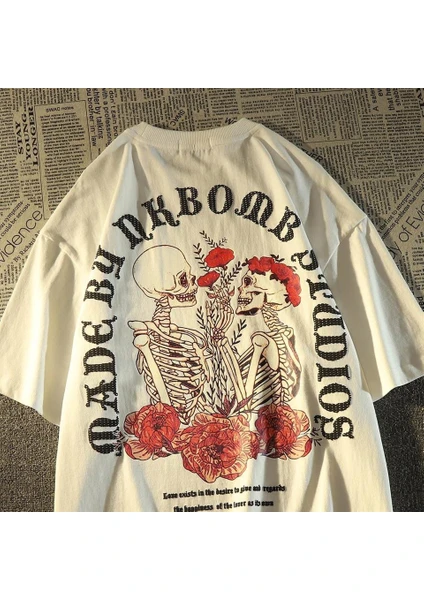 Touz Moda  Skulls In Love & Roses Sırt Baskılı Beyaz Unisex Oversize T-Shirt