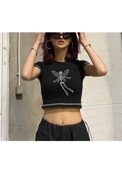 Pixelated Winged Skeleton Baskılı Ters Dikiş Siyah Crop
