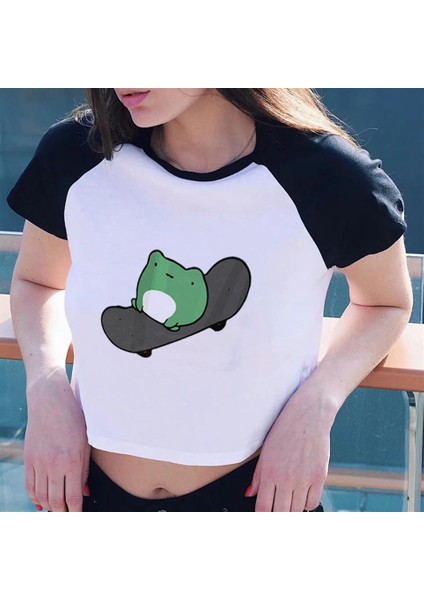Skateboarder Frog Baskılı Reglan Kol Beyaz Crop