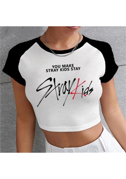 Stray Kids Baskılı Reglan Kol Beyaz Crop