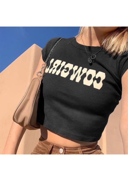 Cowgirl Baskılı Siyah Crop