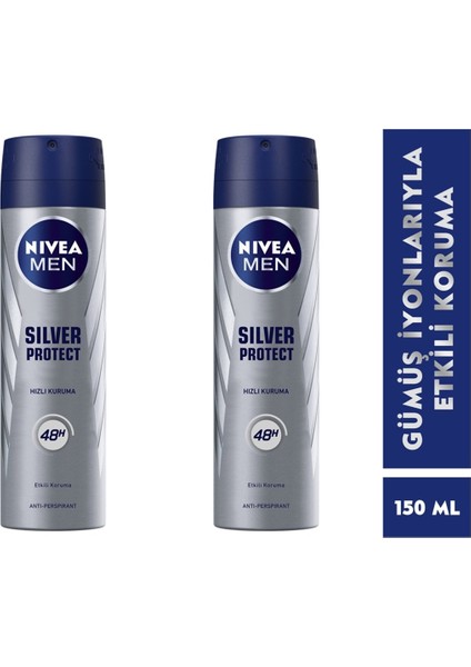 Men Erkek Sprey Deodorant Silver Protect 48 Saat Anti-Perspirant Koruma 150 ml 2 Adet