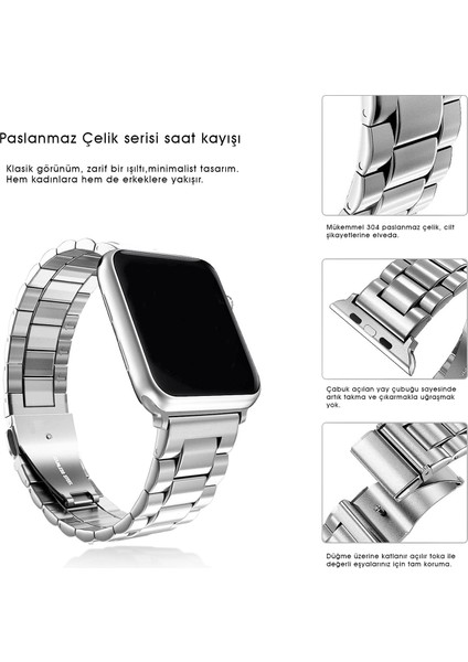 Apple Watch Series 1/2/3/4/5/6/7/8/se Ultra 45MM Kordon Paslanmaz Çelik Stainless Steel Baklalı Ayarlanabilir Akıllı Saat Kordonu ve Ayarlama Aparatı