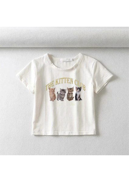 The Kitten Club Baskılı Beyaz Crop