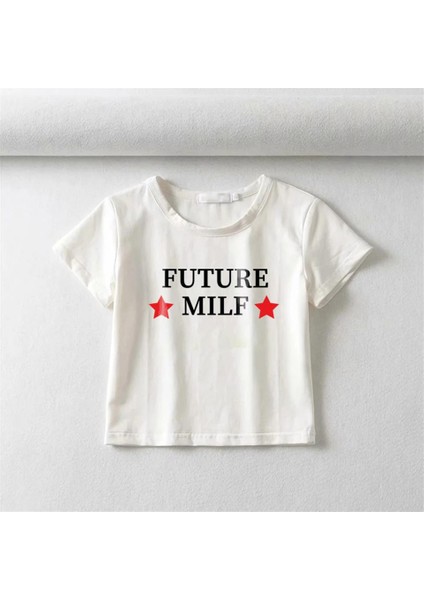 Future Milf Baskılı Beyaz Crop
