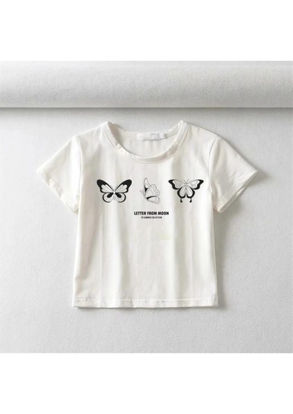 Triple Butterfly Baskılı Beyaz Crop