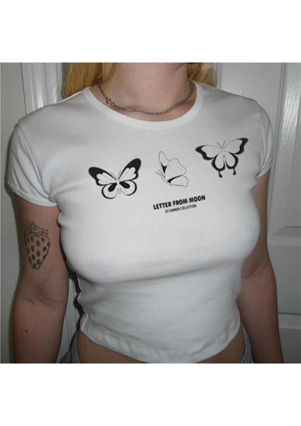 Triple Butterfly Baskılı Beyaz Crop fiyatları