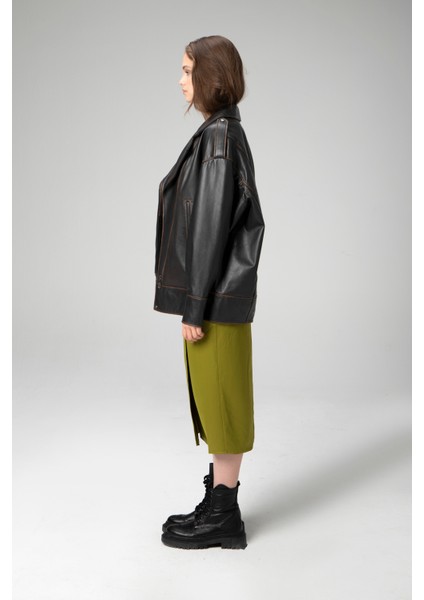 WM019 Oversize Biker Hakiki Deri Kadın Mont