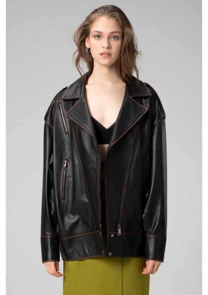 WM019 Oversize Biker Hakiki Deri Kadın Mont fiyatları
