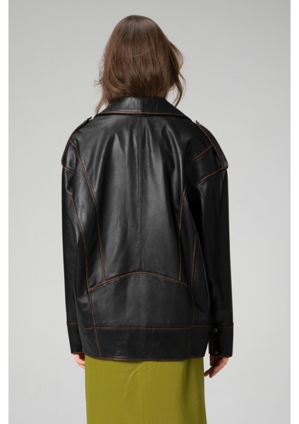 WM019 Oversize Biker Hakiki Deri Kadın Mont modelleri