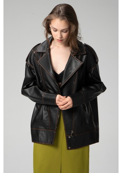 WM019 Oversize Biker Hakiki Deri Kadın Mont fırsatları