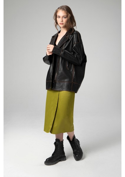 WM019 Oversize Biker Hakiki Deri Kadın Mont indirimleri