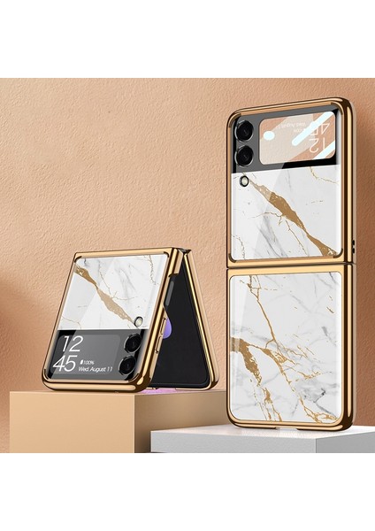 Samsung Galaxy Z Flip3 5g Gold Line White Için Gkk Kaplama Cam Telefon Kılıfı (Yurt Dışından)
