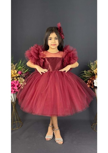 Mnk Baby Şifon Robalı Ponpon Kol Pul Payetli Kız Çocuk Kabarık Etek Tütülü Abiye