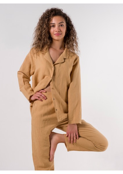 Lino Keten Gömlek Pijama Kum Beji