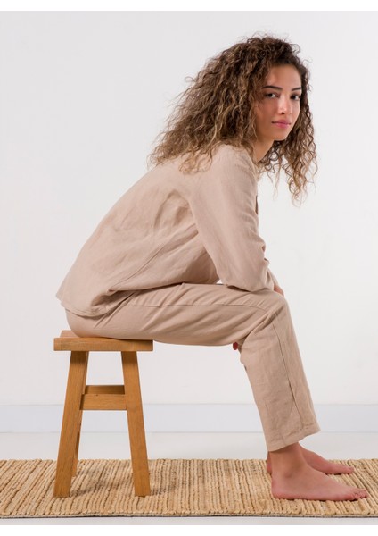 Lino Keten Gömlek Pijama Bej