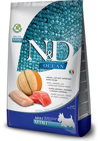 Ocean Tahılsız Mini Adult 2,5kg Morina Balıklı Somonlu ve Kavunlu Küçük Irk Köpek Maması