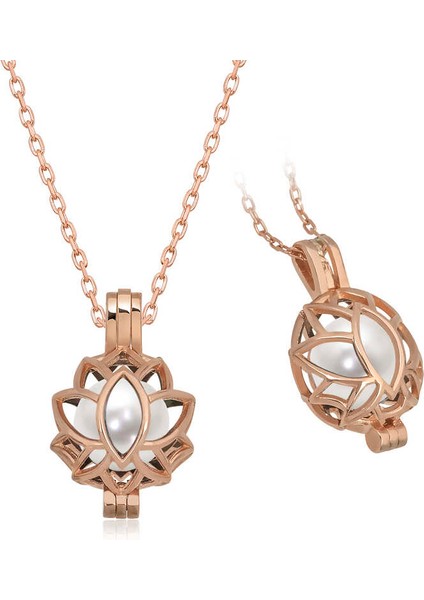 Gümüş Rose Beyaz Inci Kafesli Lotus Kadın Kolye