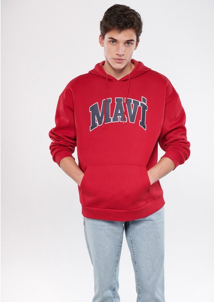 Erkek Mavi Logo Baskılı Kapüşonlu Kırmızı Sweatshirt 067149-70464