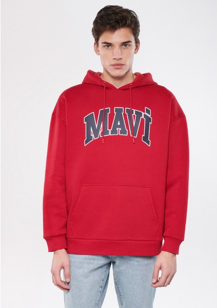 Erkek Mavi Logo Baskılı Kapüşonlu Kırmızı Sweatshirt 067149-70464