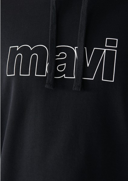 Erkek Mavi Logo Baskılı Kapüşonlu Siyah Sweatshirt 065606-900