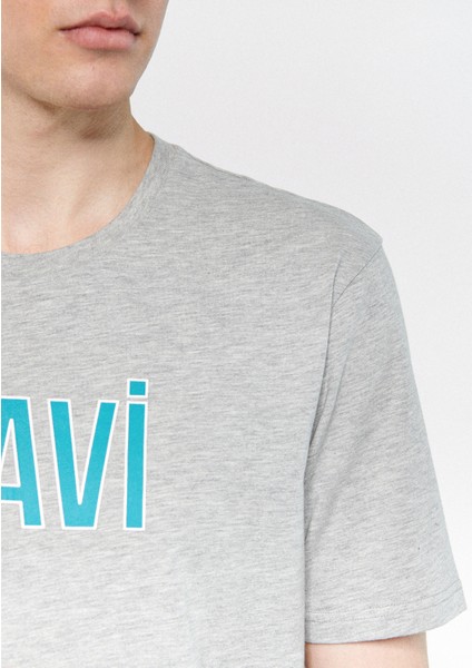 Erkek Mavi Logo Baskılı Gri Tişört 066842-80196