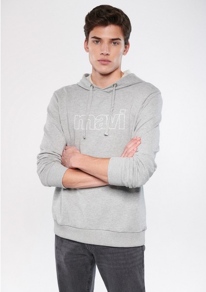 Erkek Mavi Logo Baskılı Kapüşonlu Gri Sweatshirt 065606-28387