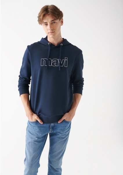 Erkek Mavi Logo Baskılı Kapüşonlu Lacivert Sweatshirt 065606-28417