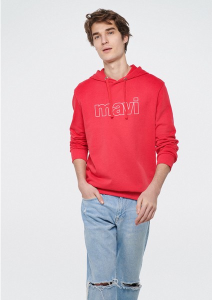 Erkek Mavi Logo Baskılı Kapüşonlu Kırmızı Sweatshirt 065606-70468