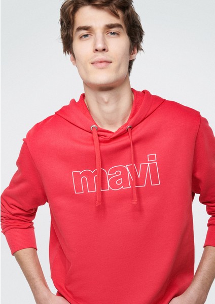 Erkek Mavi Logo Baskılı Kapüşonlu Kırmızı Sweatshirt 065606-70468