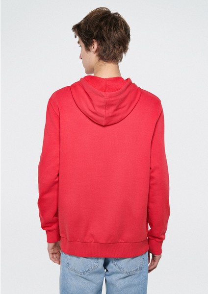 Erkek Mavi Logo Baskılı Kapüşonlu Kırmızı Sweatshirt 065606-70468