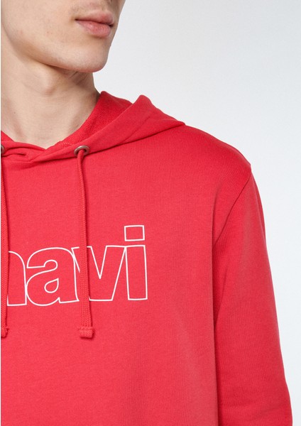 Erkek Mavi Logo Baskılı Kapüşonlu Kırmızı Sweatshirt 065606-70468